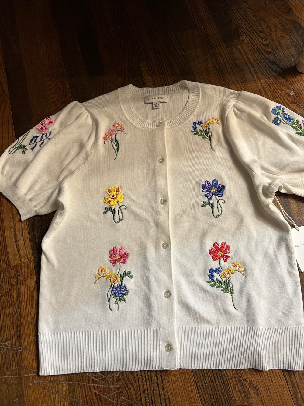 Free Assembly White Floral Embroidered Short-Sleeve Cardigan